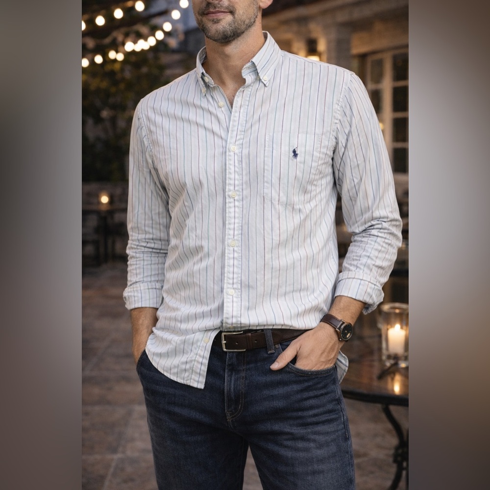 Ralph Lauren Striped Button Down Shirt Mens L Blue White Classic Preppy/Luxury - Picture 2 of 7
